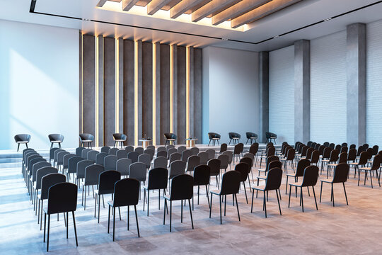 Modern conference hall with chairs and a stage, featuring minimalist design and lighting accents, ideal for corporate events or seminars. 3D Rendering