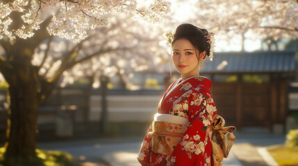 Obraz premium Young Woman in Red Kimono Under Cherry Blossoms, Japanese Culture
