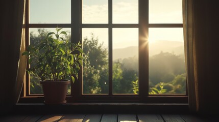 Naklejka premium Sunlit window view with potted plant, showcasing a tranquil landscape.