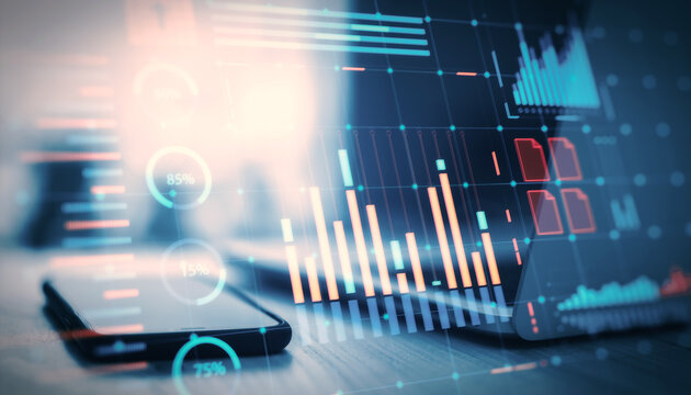 Futuristic financial interface with glowing graphs and charts on a smartphone and laptop screen over an office desk background.