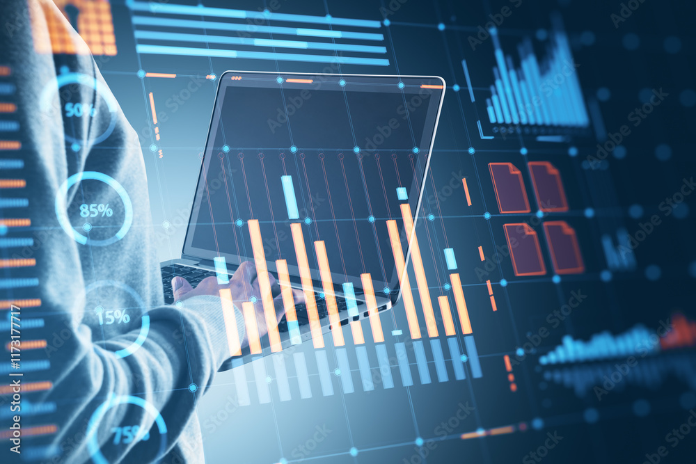 Poster Financial data analysis interface on laptop screen with glowing charts and graphs overlayed.