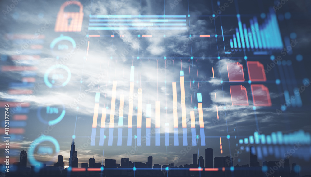 Poster financial data visualization with digital charts overlaying a cityscape in the background, symbolizi