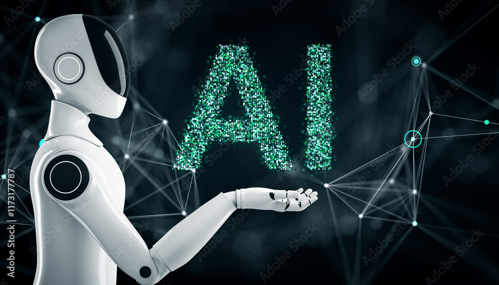 Aufkleber Robot presenting AI text with glowing particles and neural network connections in futuristic black background concept. 3D Rendering