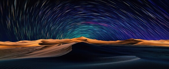 A starry night sky over the desert, with long exposure lights creating colorful trails that form an...