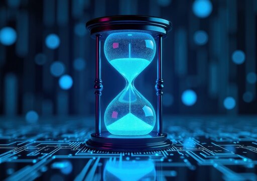 Digital hourglass with glowing sand symbolizes time management and technology