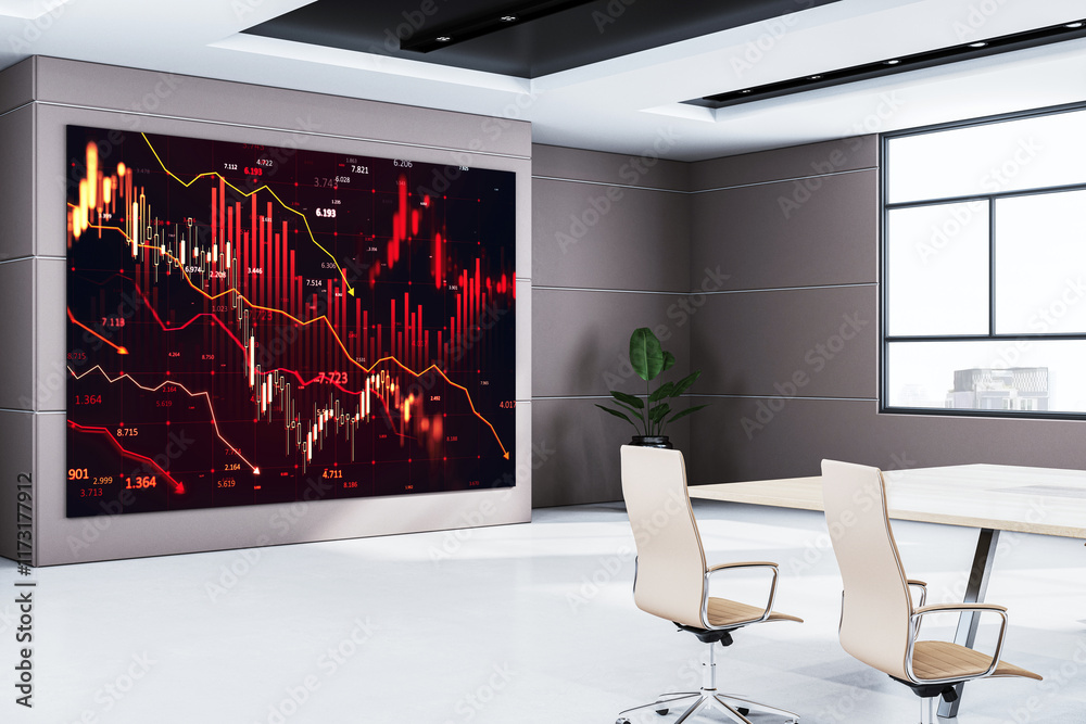 Aufkleber modern office with financial chart on wall screen, featuring red and yellow market data trends. 3d r