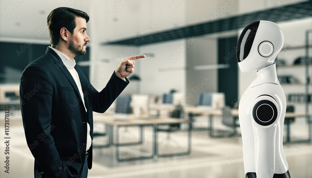 Aufkleber businessperson interacting with a humanoid robot in a modern office space, symbolizing ai integratio