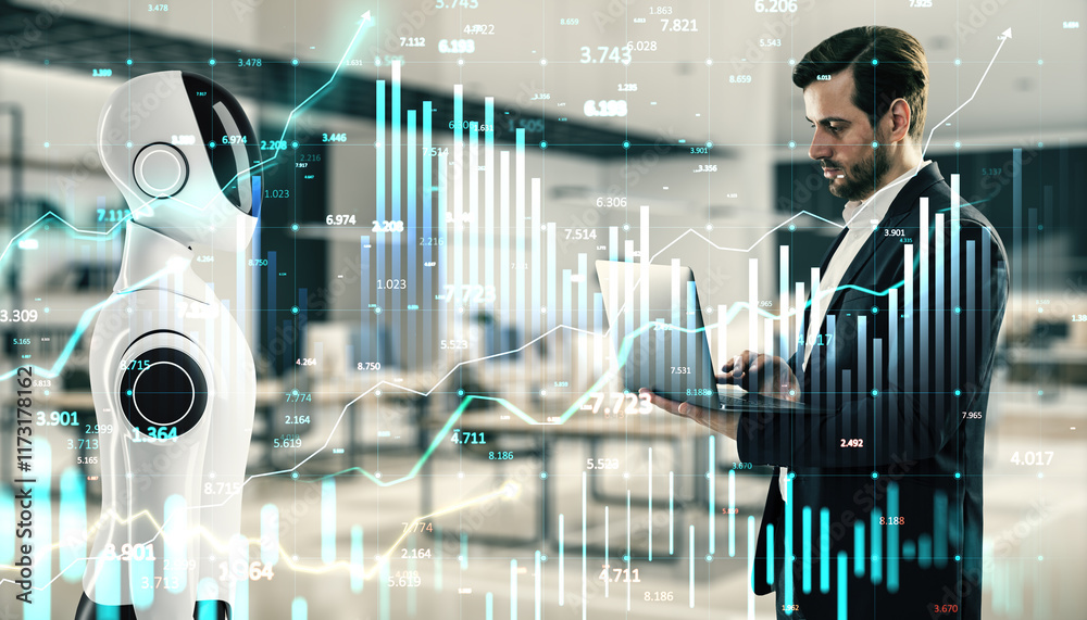 Poster businessman and robot collaborating with financial graphs in futuristic corporate setting.