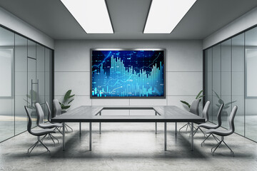 Modern conference room with digital forex trading chart on screen, contemporary design, and glass walls. Business and technology concept. 3D Rendering
