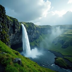 Fototapeta premium Cloudy sky with misty waterfall cascading down hillside, scenery, landscape
