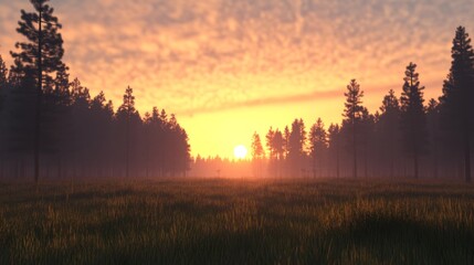 Obraz premium Sunset over a misty field with a forest in the background.