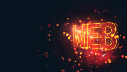 Neon orange "WEB" text glowing with bokeh lights and digital network elements on dark background. 3D Rendering