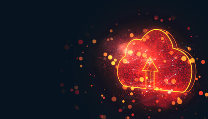 Neon orange glowing cloud icon with arrow, digital data concept on dark background. 3D Rendering