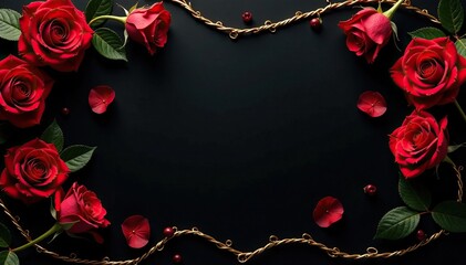 Dark red roses and gold vines draped over a luxurious black background, high end, botanical, floral