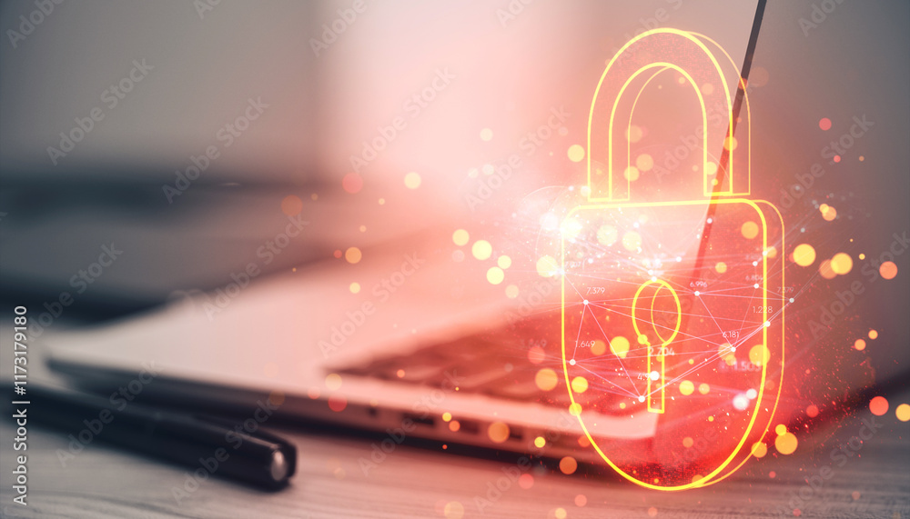 Poster glowing padlock hologram on blurred laptop background symbolizing digital security and data protecti