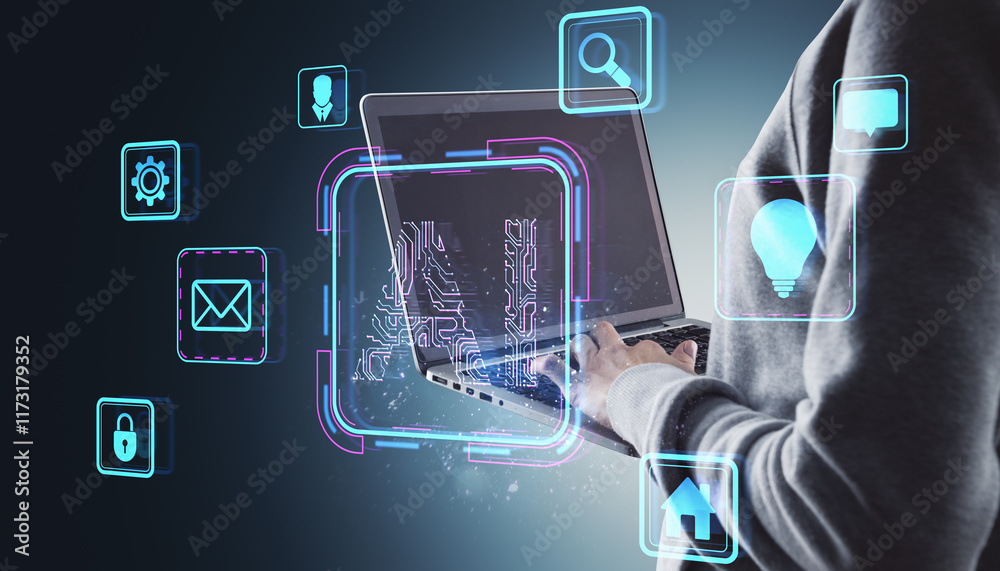 Poster Person using laptop surrounded by virtual icons and AI circuit design in cyberspace.