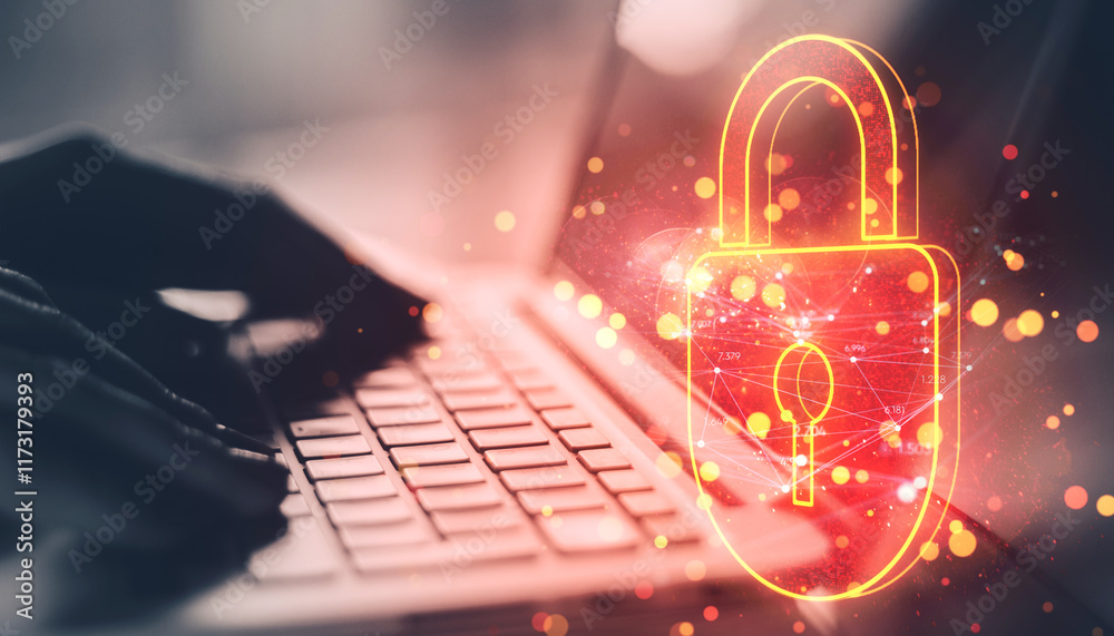Poster Digital lock symbol overlay on person typing on laptop keyboard, representing cybersecurity and data protection concept.
