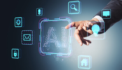 Businessman's hand interacting with futuristic AI interface for digital solutions.