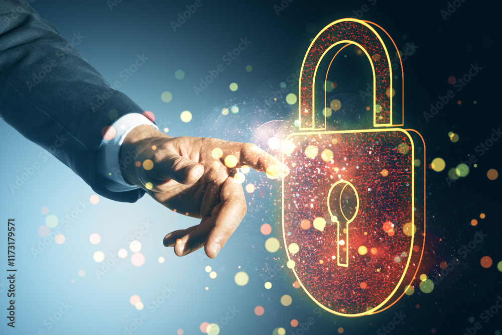 Poster businessman's hand reaching towards glowing padlock icon with abstract bokeh light effects, symboliz