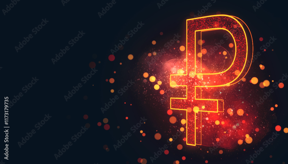 Poster glowing ruble currency symbol with neon effects on a dark background. 3d rendering