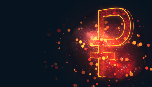 Glowing Ruble Currency Symbol with Neon Effects on a Dark Background. 3D Rendering - Powered by Adobe