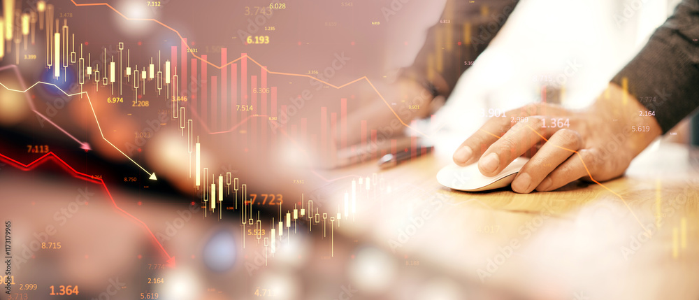 Aufkleber financial charts and candlestick graphs overlayed on a blurred background with a person using a comp