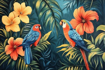 Obraz premium Tropical Parrots Amidst Lush Hibiscus Flowers and Foliage