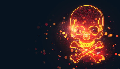 Glowing skull and crossbones icon with digital effects on dark background. 3D Rendering