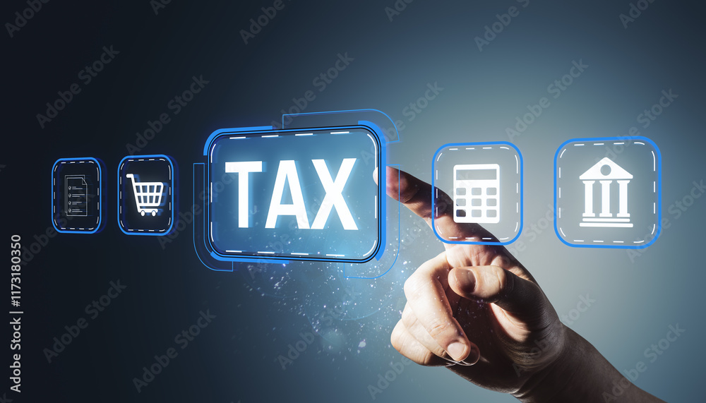 Poster digital representation of tax concept with icons and hand interaction on dark background.