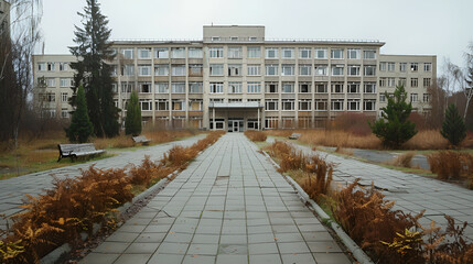 Naklejka premium Abandoned building with overgrown pathway, moody atmosphere, cloudy sky, urban decay