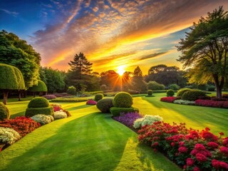 Silhouette Photography: Park Lawn, Flowers, Shrubs - Sunset Landscape