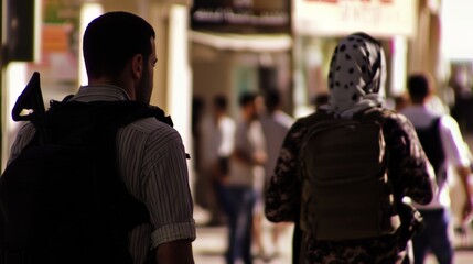 Obraz premium Two people with backpacks walking through a busy street.