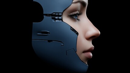 Cybernetic Beauty: A captivating portrait of a woman with a partially exposed cyborg face, showcasing a blend of human and technological beauty. The image evokes a sense of mystery, innovation.