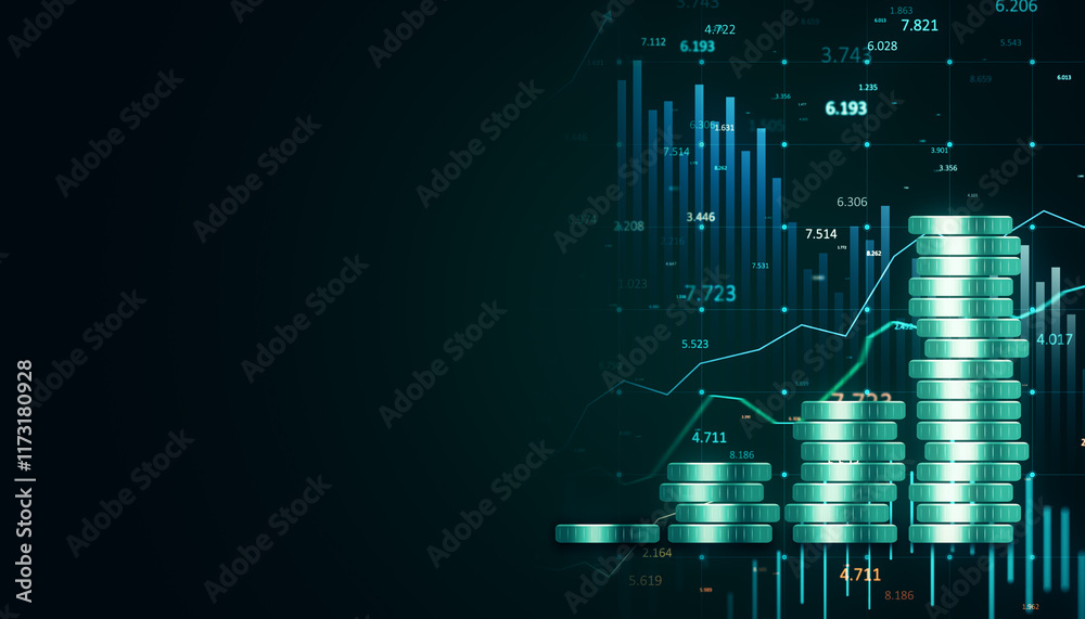 Aufkleber Glowing coin stacks with financial graphs and charts in the background. 3D Rendering
