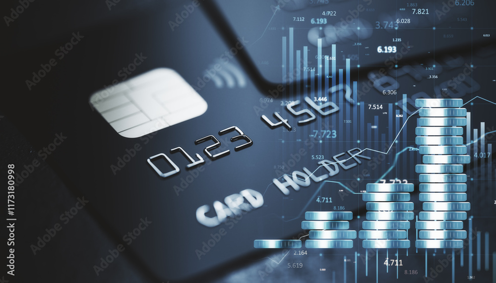 Poster Digital credit card with holographic coin stack and financial data graph, representing savings and investing concept on dark background. 3D Rendering