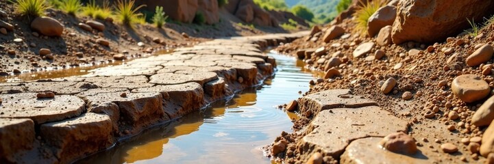 Fissured ground in a dry creek bed with mud pools, muddy terrain, creek water levels, dry riverbed