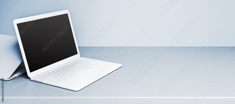 Poster Minimalist white laptop mockup on a clean surface in a modern setting. 3D Rendering