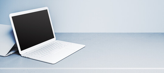 Minimalist white laptop mockup on a clean surface in a modern setting. 3D Rendering