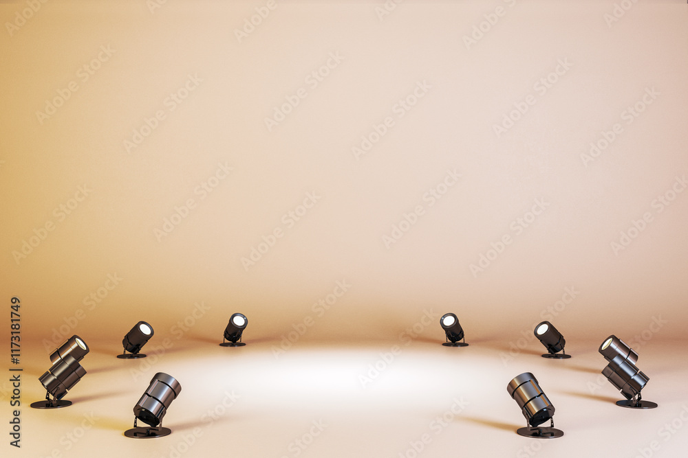 Aufkleber Empty stage with multiple spotlights illuminating a minimal beige background. 3D Rendering