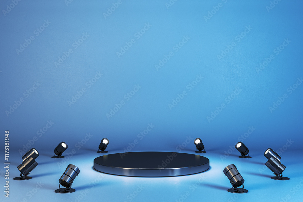 Aufkleber Circular stage with spotlights on a blue gradient background, perfect for presentation or product display concepts. 3D Rendering