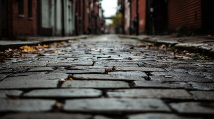 Wet cobblestone alleyway between old buildings on an autumn day.