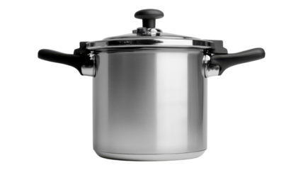 Stainless steel pressure cooker with lid on a transparent background, suitable for various cooking methods and recipes at home.