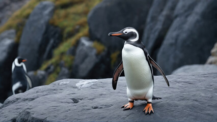 Obraz premium Penguin stands proudly on a rocky shore while another penguin rests nearby in a natural habitat setting