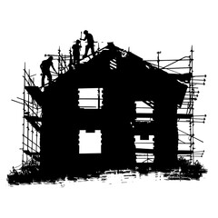 Silhouette of a building under renovation with tools visible on a white background