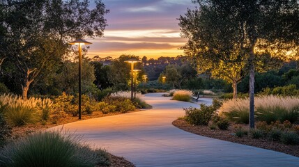 Obraz premium Modern streetlights illuminate a paved path through a quiet park, with the fading light of dusk creating a peaceful ambiance