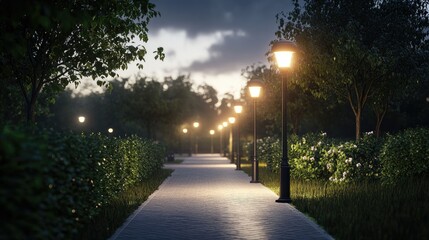 Obraz premium Modern streetlights illuminate a paved path through a quiet park, with the fading light of dusk creating a peaceful ambiance