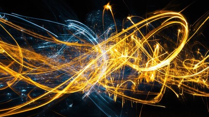 A vibrant abstract composition of swirling light trails in blue and gold hues.