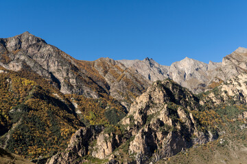 Chegem Gorge. Kabardino-Balkaria. El-Tyubu. Unique rocky ridge with steep cliffs against blue autumn sky.Rocky mountains with trees growing on their slopes glow in morning sun.