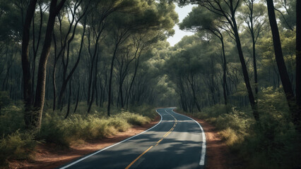 Fototapeta premium Serene winding road through a dense forest with lush green trees and soft sunlight filtering through the leaves