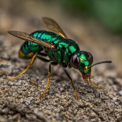 A jewel wasp in vibrant emerald and gold hues.